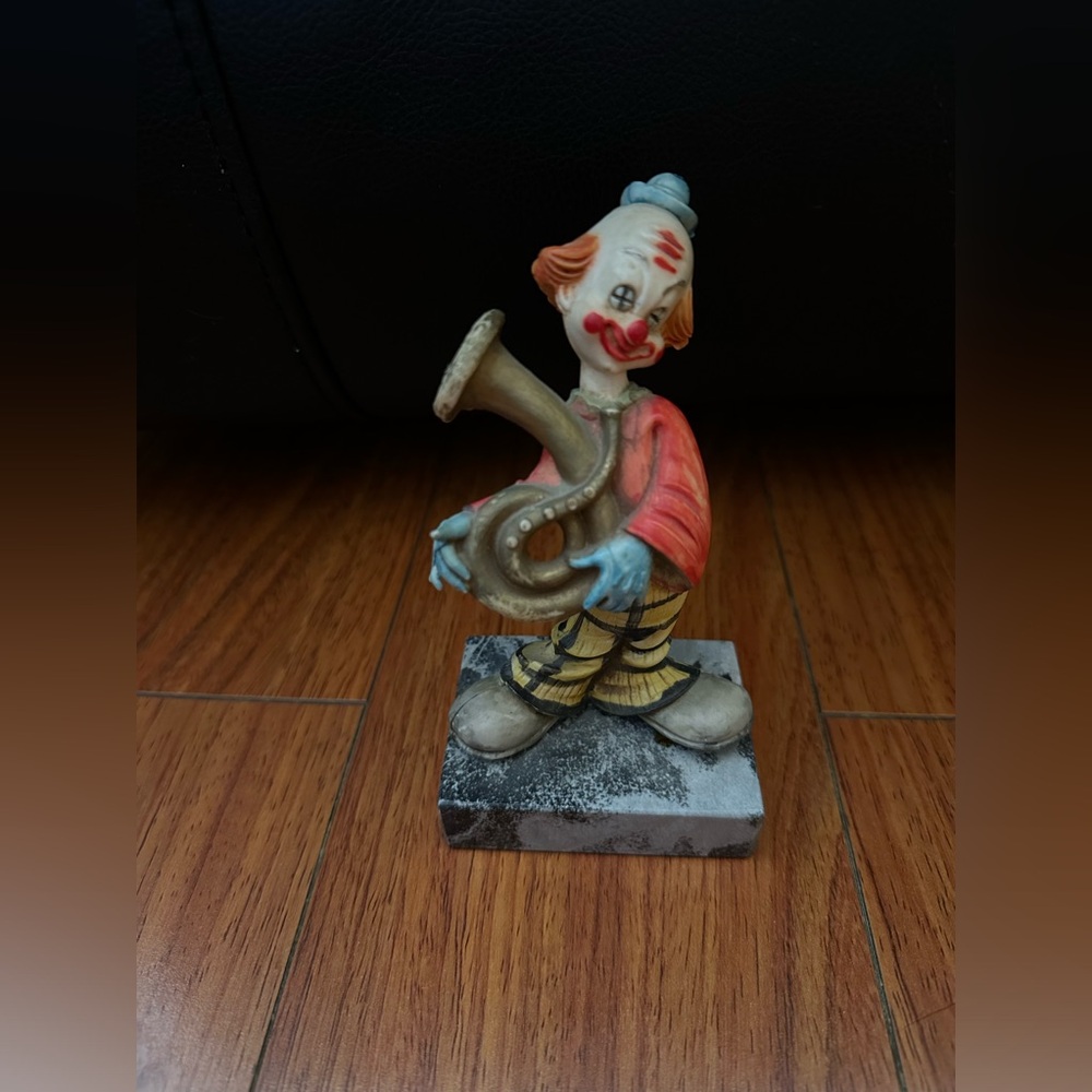 Italian Clown Figurine Playing Tuba French Horn Marble Base Collectible